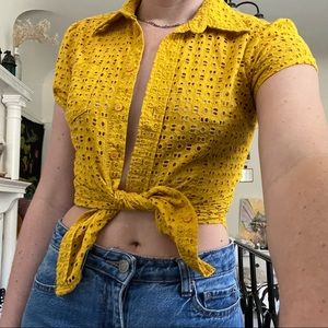 New York & Company Yellow Cut Out Button Down Shirt